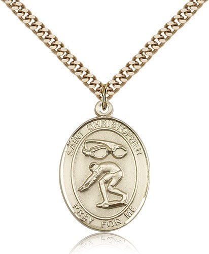 St. Christopher Swimming Medal, Gold Filled, Large - 24" 2.4mm Gold Plated Chain + Clasp