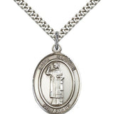 St. Stephen the Martyr Medal, Sterling Silver, Large - 24" 2.4mm Rhodium Plate Chain + Clasp