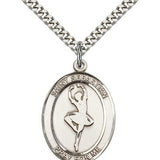 St. Sebastian Dance Medal, Sterling Silver, Large - 24" 2.4mm Rhodium Plate Chain + Clasp
