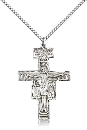 San Damiano Crucifix Pendant, Sterling Silver - 18" 1.2mm Sterling Silver Chain + Clasp