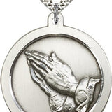 Praying Hand Medal, Sterling Silver - 24" 2.4mm Rhodium Plate Endless Chain