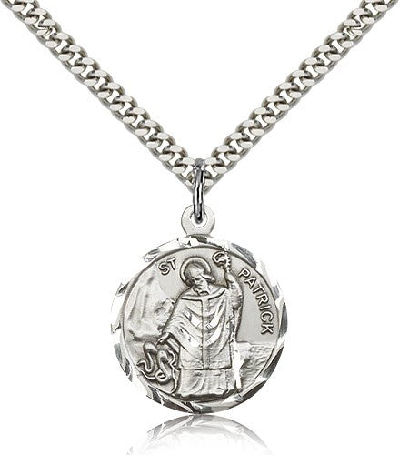 St. Patrick Medal, Sterling Silver - 24" 2.4mm Rhodium Plate Endless Chain