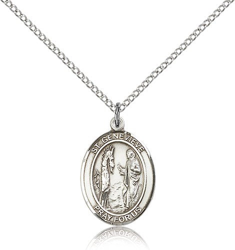 St. Genevieve Medal, Sterling Silver, Medium - 18" 1.2mm Sterling Silver Chain + Clasp