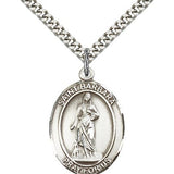 St. Barbara Medal, Sterling Silver, Large - 24" 2.4mm Rhodium Plate Chain + Clasp
