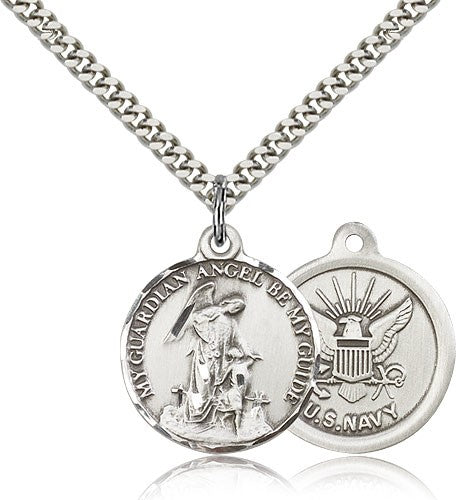 Navy Guardain Angel Medal, Sterling Silver - 24" 2.4mm Rhodium Plate Endless Chain