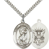 St. Christopher Navy Medal, Sterling Silver, Large - 24" 2.4mm Rhodium Plate Chain + Clasp