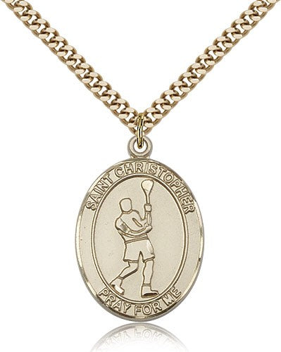 St. Christopher Lacrosse Medal, Gold Filled, Large - 24" 2.4mm Gold Plated Chain + Clasp