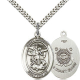 St. Michael Coast Guard Medal, Sterling Silver, Large - 24" 2.4mm Rhodium Plate Chain + Clasp