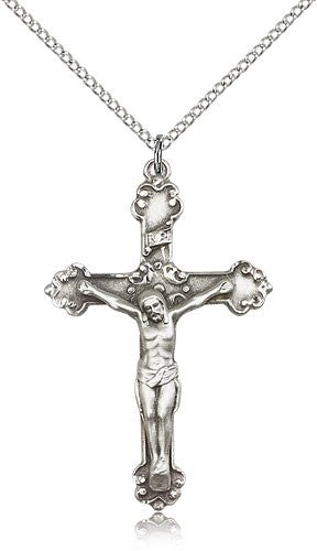 Crucifix Pendant, Sterling Silver - 18" 1.2mm Sterling Silver Chain + Clasp