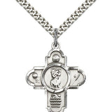 Sports 5 Way Cross St Christopher Medal, Sterling Silver - 24" 2.4mm Rhodium Plate Endless Chain