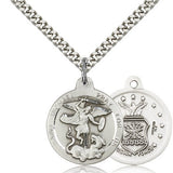 St. Michael Air Force Medal, Sterling Silver - 24" 2.4mm Rhodium Plate Endless Chain