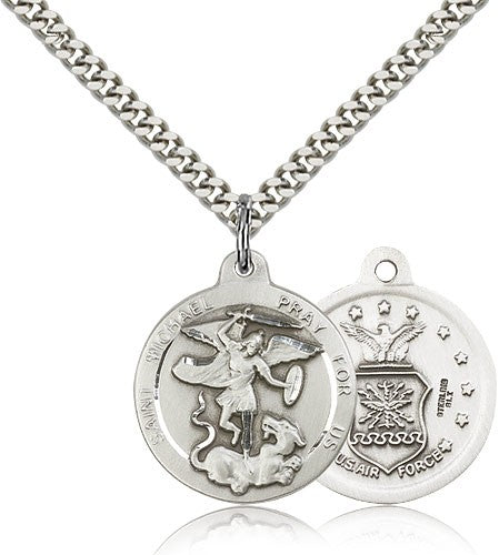 St. Michael Air Force Medal, Sterling Silver - 24" 2.4mm Rhodium Plate Endless Chain