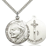 Pope John Paul II Medal, Sterling Silver - 24" 2.4mm Rhodium Plate Endless Chain