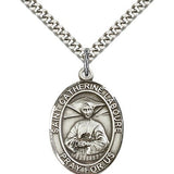St. Catherine Laboure Medal, Sterling Silver, Large - 24" 2.4mm Rhodium Plate Chain + Clasp