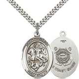 St. George Coast Guard Medal, Sterling Silver, Large - 24" 2.4mm Rhodium Plate Chain + Clasp