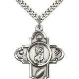 Sports 5 Way Cross St Christopher Medal, Sterling Silver - 24" 2.4mm Rhodium Plate Endless Chain