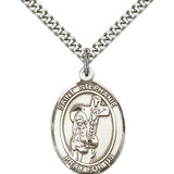 St. Stephanie Medal, Sterling Silver, Large - 24" 2.4mm Rhodium Plate Chain + Clasp