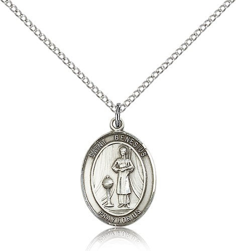 St. Genesius of Rome Medal, Sterling Silver, Medium - 18" 1.2mm Sterling Silver Chain + Clasp