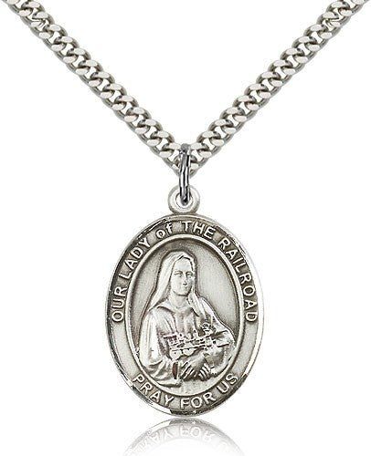 Our Lady of the Railroad Medal, Sterling Silver, Large - 24" 2.4mm Rhodium Plate Chain + Clasp