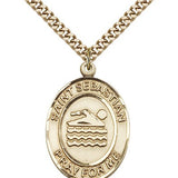 St. Sebastian Swimming Medal, Gold Filled, Large - 24" 2.4mm Gold Plated Chain + Clasp