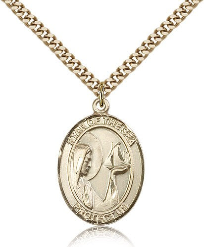 Our Lady Star of the Sea Medal, Gold Filled, Large - 24" 2.4mm Gold Plated Chain + Clasp