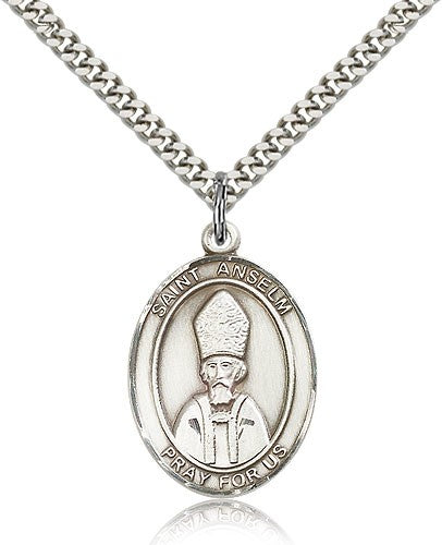 St. Anselm of Canterbury Medal, Sterling Silver, Large - 24" 2.4mm Rhodium Plate Chain + Clasp