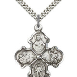 4 Way Cross Pendant, Sterling Silver - 24" 2.4mm Rhodium Plate Endless Chain