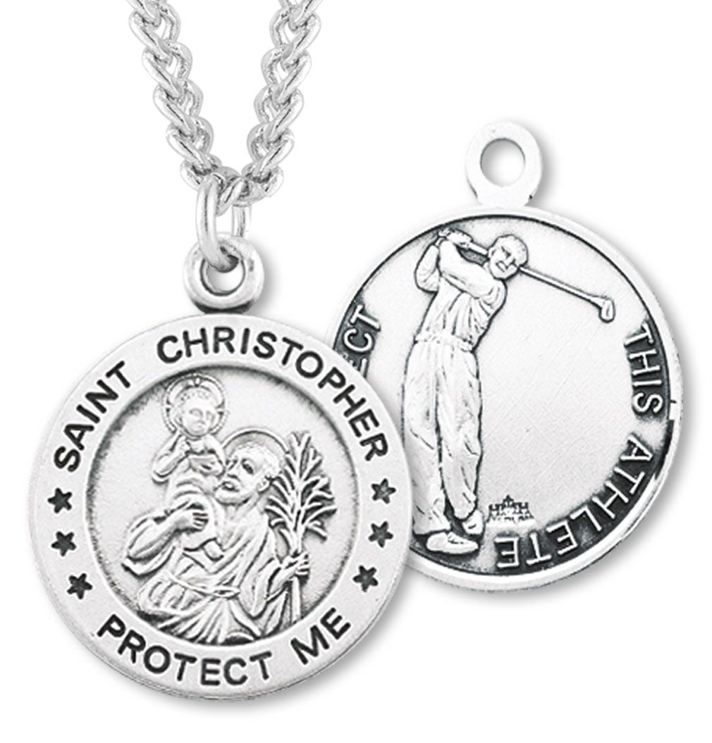 Round Boy's St. Christopher Golf Necklace With Chain - 24" Sterling Silver Chain + Clasp