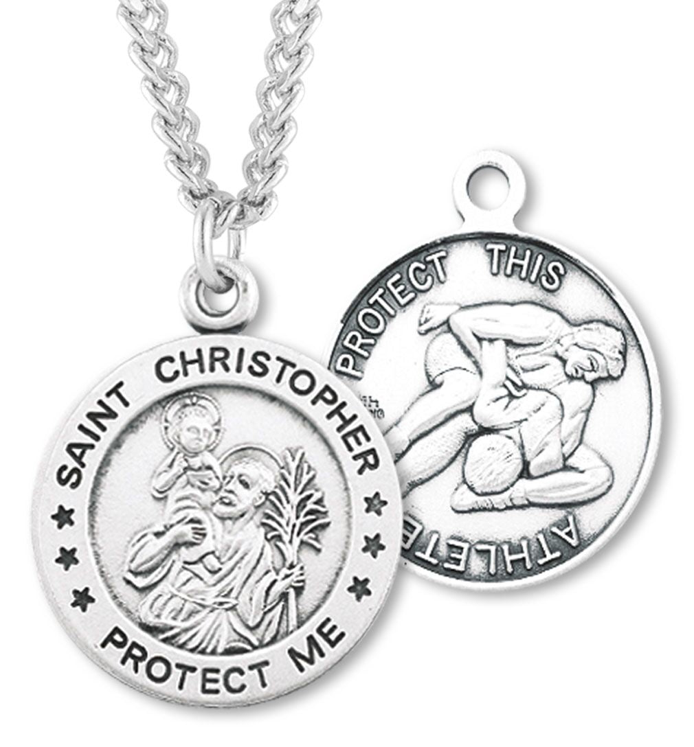 Round Men's St. Christopher Wrestling Necklace With Chain - 24" Sterling Silver Chain + Clasp