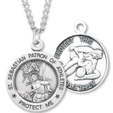 Round Men's St. Sebastian Wrestling Necklace With Chain - 24" Sterling Silver Chain + Clasp