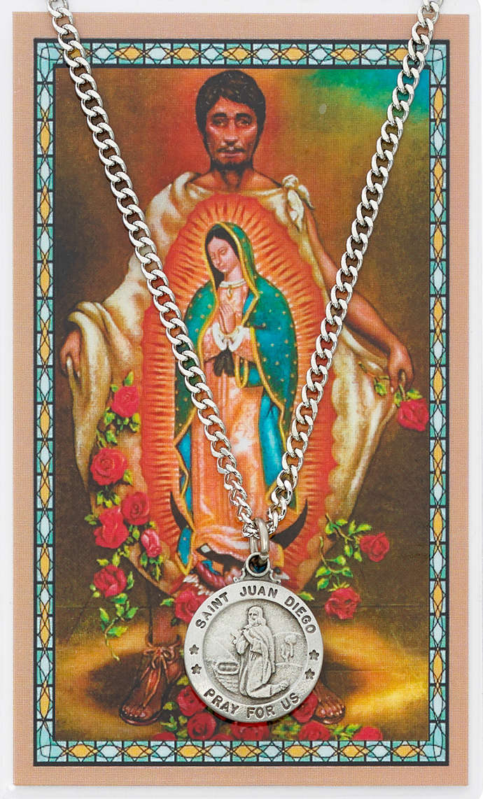 Round St. Juan Diego Medal and Prayer Card Set - Silver-tone