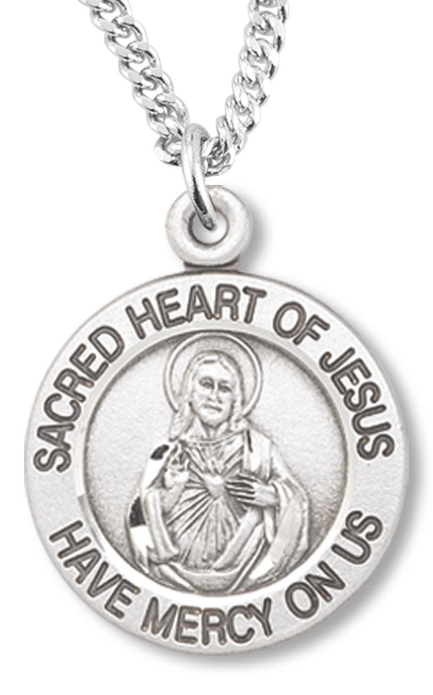 Womens Sacred Heart of Jesus Necklace Round, Sterling Silver with Chain Options - 18" 1.8mm Sterling Silver Chain + Clasp