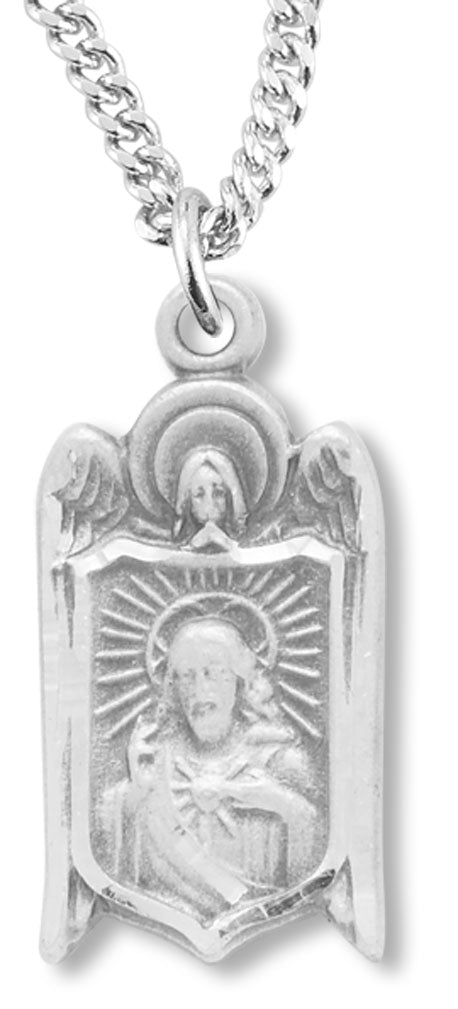 Sacred Heart of Jesus with Angel Necklace, Sterling Silver with Chain - 18" 1.8mm Sterling Silver Chain + Clasp