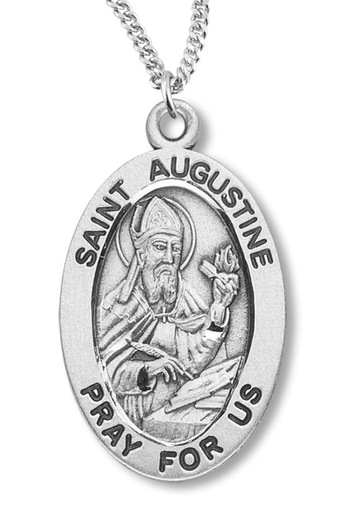 Boy's St. Augustine Necklace Oval Sterling Silver with Chain - 20" 2.2mm Stainless Steel Chain with Clasp