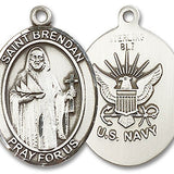 St. Brendan the Navigator/ Navy Medal, Sterling Silver, Large - No Chain