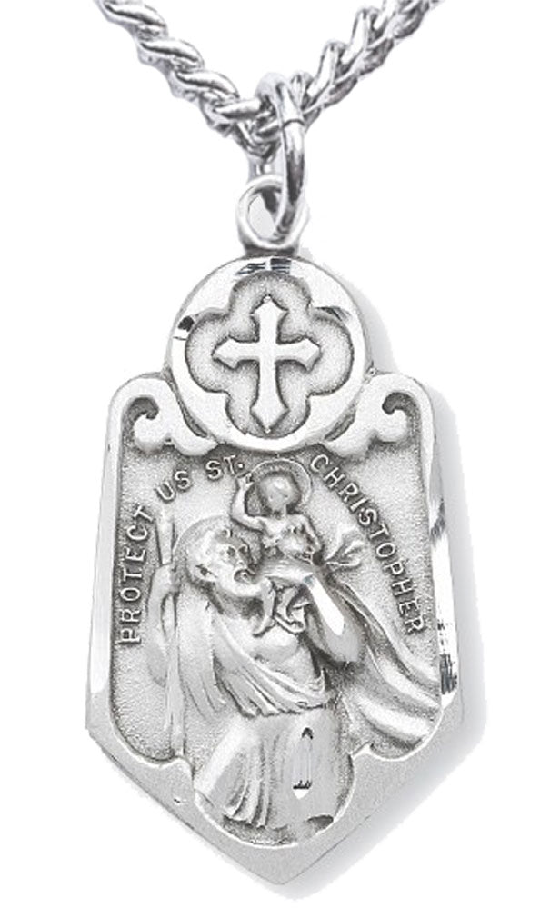 Men's Sterling Silver Shield Shape Saint Christopher Necklace with Cross Top with Chain Options - 24" Sterling Silver Chain + Clasp