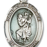 St. Christopher Medal with Blue Enamel, Sterling Silver, Large - No Chain