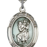 St. Christopher Medal with Blue Enamel, Sterling Silver, Large