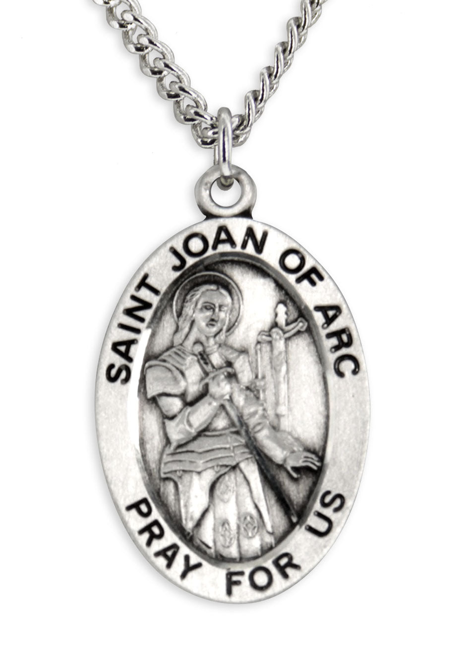 Men's St. Joan of Arc Necklace Oval Sterling Silver with Chain Options - 24" Sterling Silver Chain + Clasp
