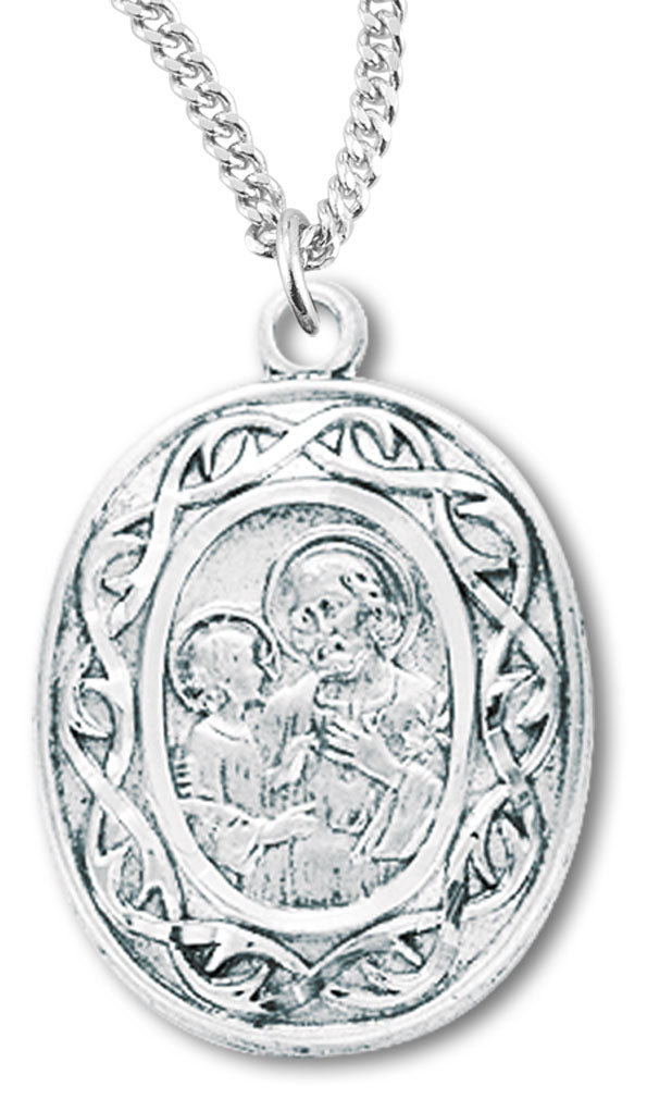 Women's Sterling Silver Oval Saint Joseph Necklace Fancy Scroll Border with Chain Options - 18" 1.8mm Sterling Silver Chain + Clasp