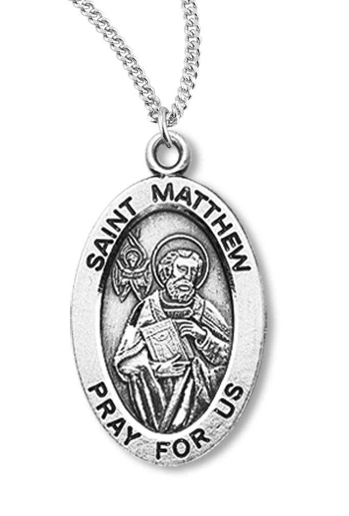 Boy's St. Matthew Necklace Oval Sterling Silver with Chain - 20" 2.2mm Stainless Steel Chain with Clasp