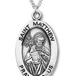 Boy's St. Matthew Necklace Oval Sterling Silver with Chain - 20" 2.2mm Stainless Steel Chain with Clasp