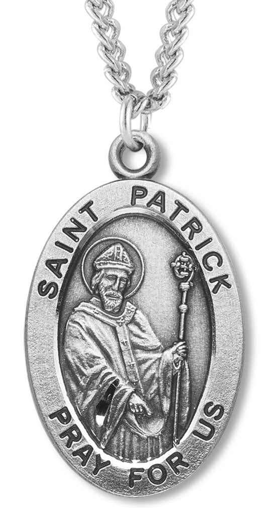 Men's St. Patrick Necklace Oval Sterling Silver with Chain Options - 24" Sterling Silver Chain + Clasp