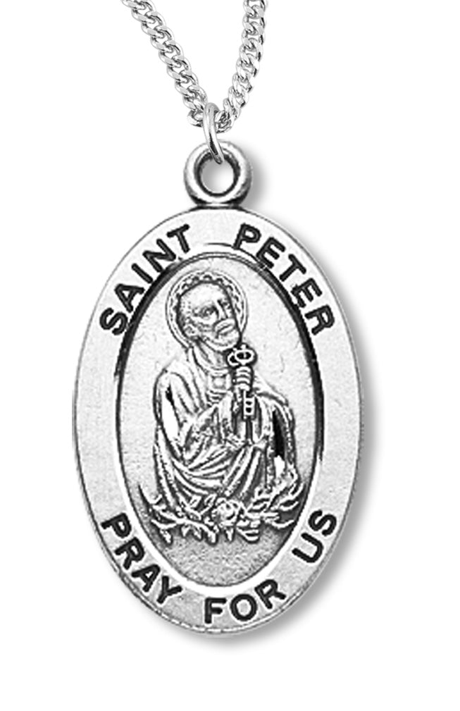 Boy's St. Peter Necklace Oval Sterling Silver with Chain - 20" 2.2mm Stainless Steel Chain with Clasp