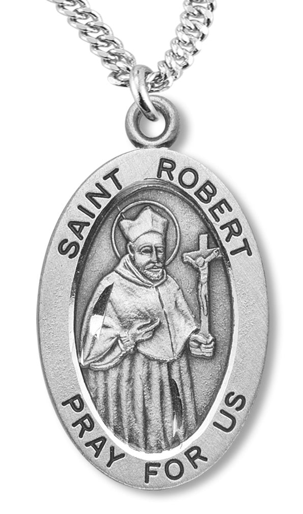 Boy's St. Robert Necklace Oval Sterling Silver with Chain - 20" 2.2mm Stainless Steel Chain with Clasp