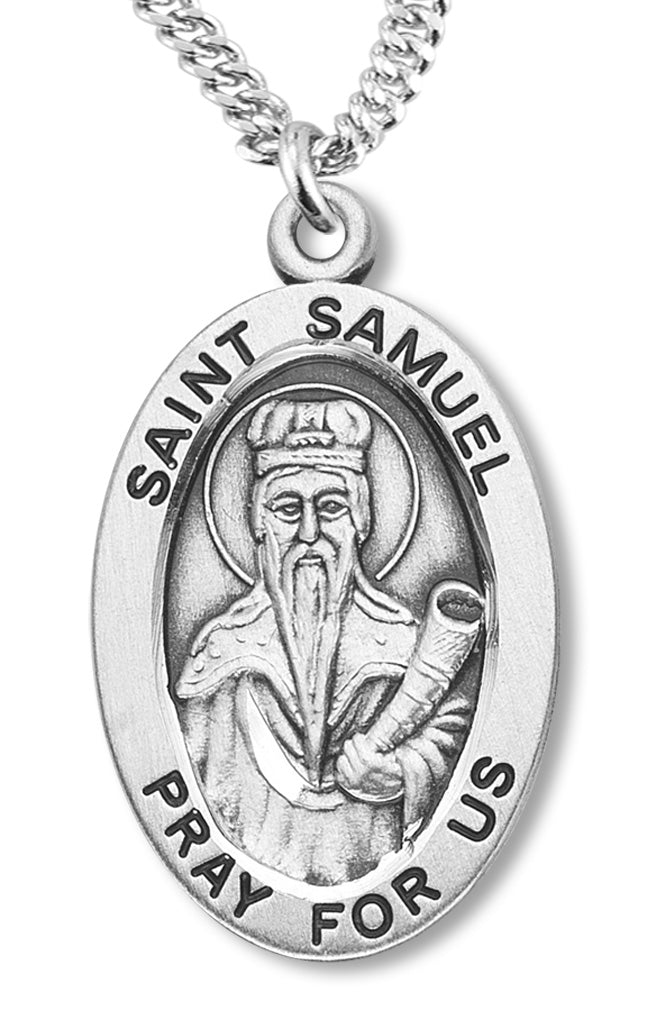 Boy's St. Samuel Necklace Oval Sterling Silver with Chain - 20" 2.2mm Stainless Steel Chain with Clasp