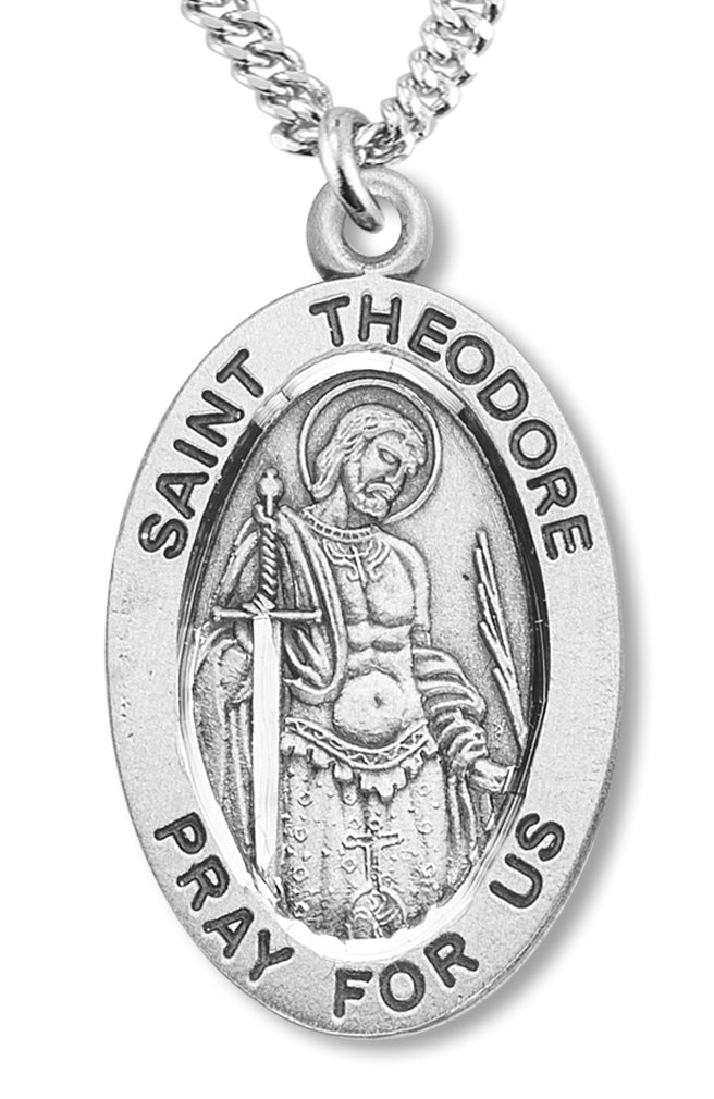 Boy's St. Theodore Necklace Oval Sterling Silver with Chain - 20" 2.2mm Stainless Steel Chain with Clasp