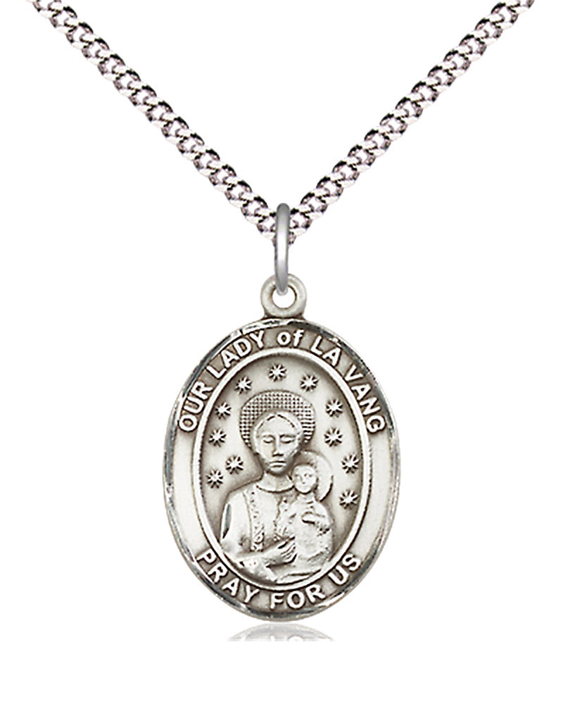 Women's Pewter Oval Our Lady of La Vang Medal - 18" Rhodium Plated Medium Chain + Clasp