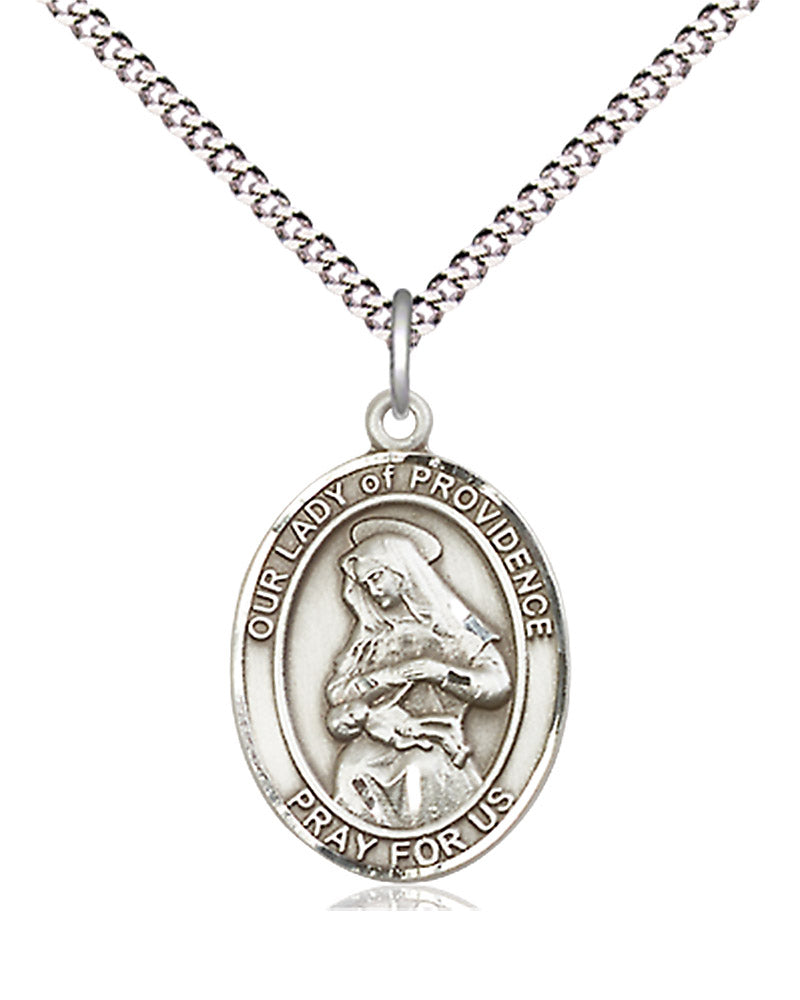 Women's Pewter Oval Our Lady of Providence Medal - 18" Rhodium Plated Medium Chain + Clasp