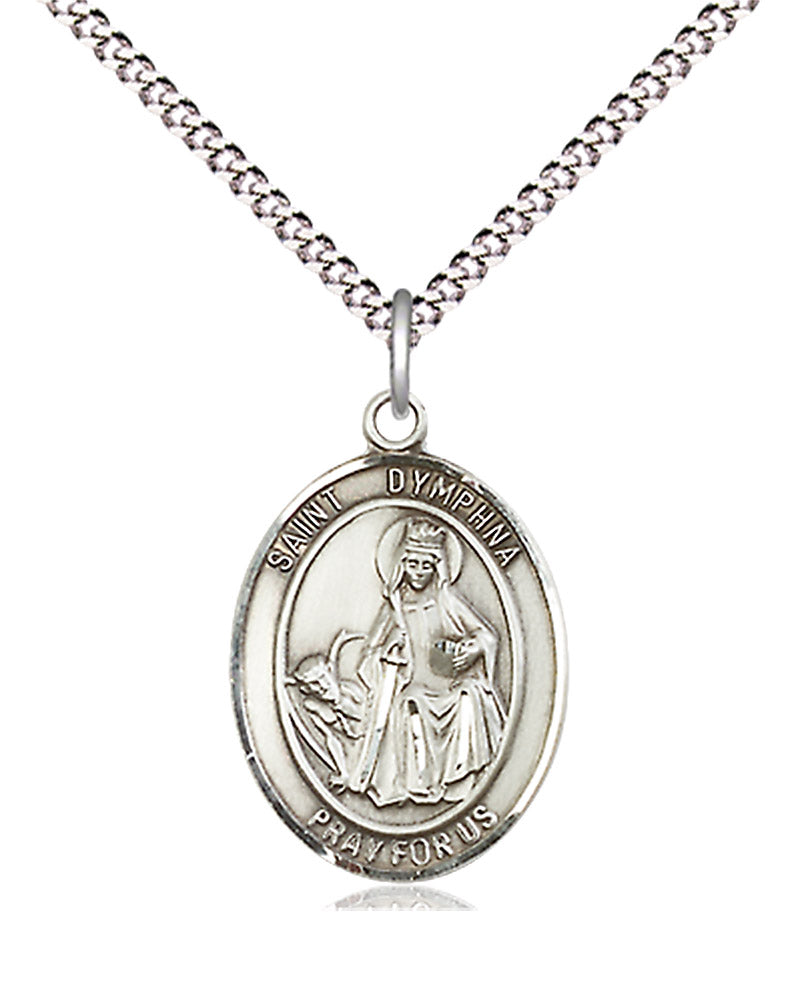 Women's Pewter Oval St. Dymphna Medal - 18" Rhodium Plated Medium Chain + Clasp